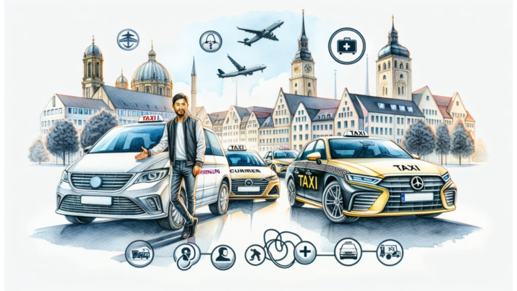 Aquarell-Illustration von modernen Taxis in Ahrensburg mit einem freundlichen Taxi-Fahrer, der Fahrgäste bedient, im städtischen Hintergrund, symbolisiert Dienste wie Flughafentransfers und Krankenfahrten.