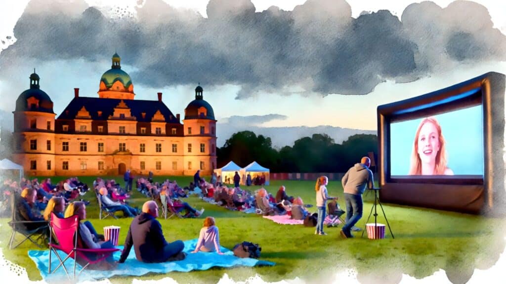 Open-Air-Kino im Schlosspark von Ahrensburg mit Familien und einer LED-Leinwand in abendlicher Atmosphäre.