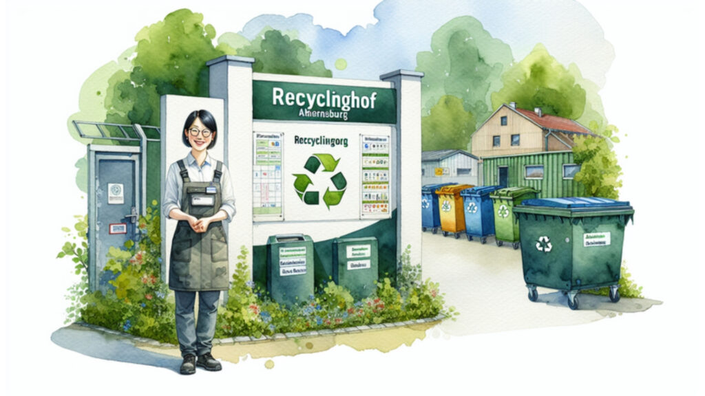 Eingang des Recyclinghofs Ahrensburg mit einem lächelnden Mitarbeiter, Wasserfarbenstil und verschiedenen Abfallbehältern im Hintergrund.